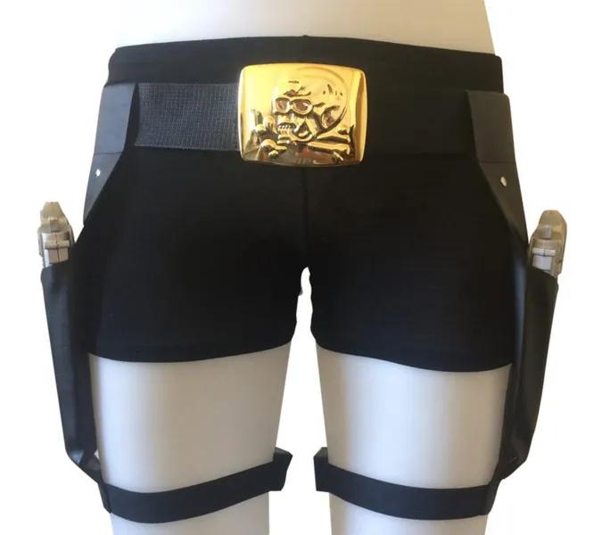 Lara Croft Quality Leg Holsters, 2 x Blue Guns + Skull Buckle
