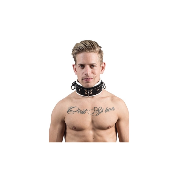 Mister B Slave Collar White Padding - kožený obojek s bílým polstrováním