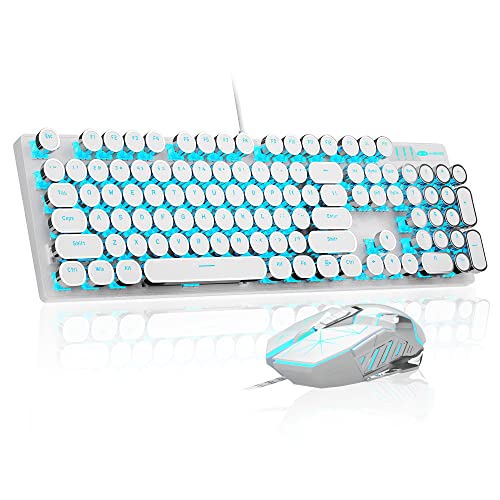 Typewriter Mechanical Gaming Keyboard and Mouse Combo, Retro Punk Round Keycap Blue LED Backlit USB Wired Computer Keyboard for Game and Office, for Windows Laptop PC, Red Switches(White) - White and Blue