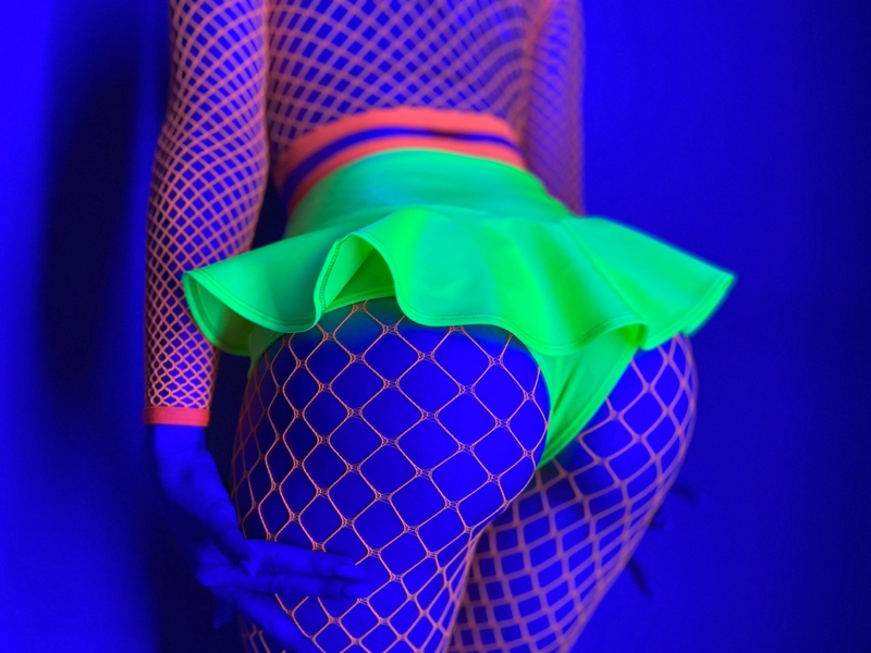 Blacklight rave shorts and fish net tights, neon orange UV fishnet stockings, Festival acid  outfits
