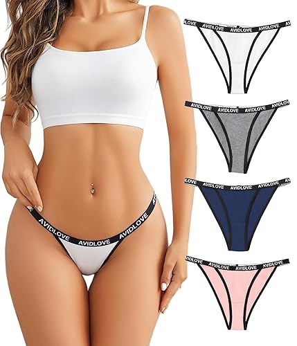 Avidlove Womens Underwear Cotton String Bikini Panties Ladies Low Rise Hipster Sexy High Cut Cheeky Underwear - X-Large - White/Gray/Pink/Navy Blue