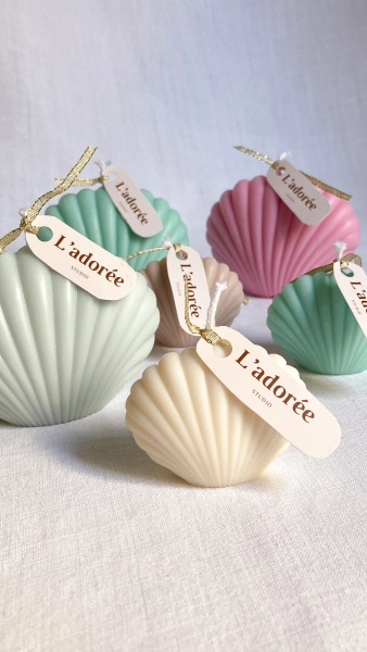 Shell candles, natural in rapeseed wax, Ariel & Lily models