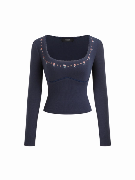 Jersey Square Neck Ditsy Floral Lace Trim Long Sleeve Top