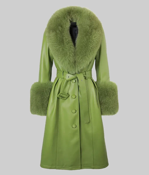 Green Shearling Trim Leather Trench Jacket