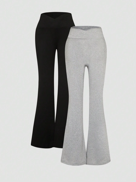 SHEIN EZwear Set di 2 pantaloni casual aderenti a zampa d'elefante nero e grigio con vita incrociata per le donne