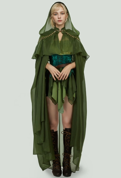 Medieval Elegant Princess Elf Cloak with Embroidered Satin Collar Green Cape with Hood