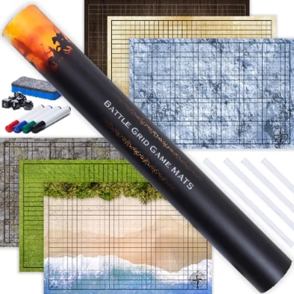 Tidyboss Battle Grid Mat -3X Double Sided Game Mat Set 24x36-6 Terrains Tabletop Mat, Dry Erase Markers, Eraser, Dice and Clips -RPG Battle Terrain Dungeons and Dragons Starter Set