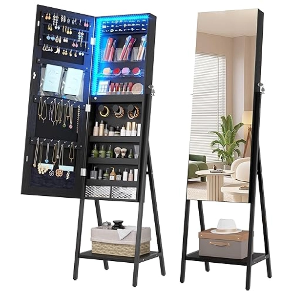 LVSOMT 3 LEDs Mirror Jewelry Cabinet, 60.4 Jewelry Mirror Full Length, Standing Lockable Jewelry Armoire Organizer, Floor Mirror with Storage for Jewelry Cosmetics, Black