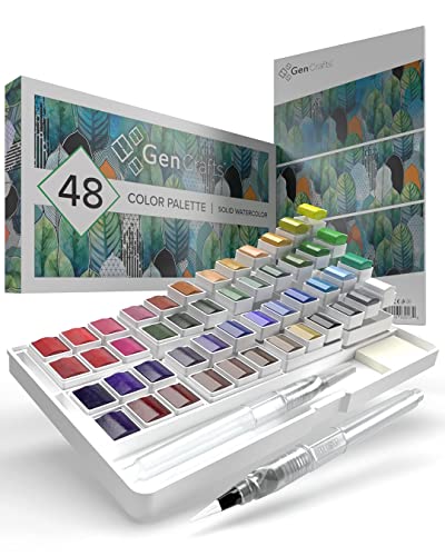 GenCrafts Watercolor Paint Palette with Bonus Paper Pad Includes 48 Premium Colors - 2 Refillable Water Blending Brush Pens - 15 Sheets of Water Color Paper - Portable Painting - 48 Classic Colors