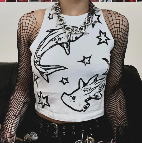 Unisex shark and stars lino printed white crop top / XS-XL / Hand-printed white ocean vest