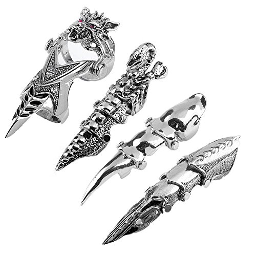 Jovivi Men's Jewelry Silvery Armour Knuckle Full Finger Double Loop Activity Ring Punk Rock Gothic Cool,1-4pcs - 4pcs: Set 2
