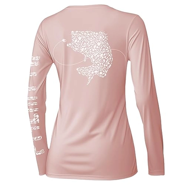 Palmyth Womens UPF 50+ Fishing Shirts Sun Protection Long Sleeve T-Shirt - Medium - Pink / Largemouth Bass
