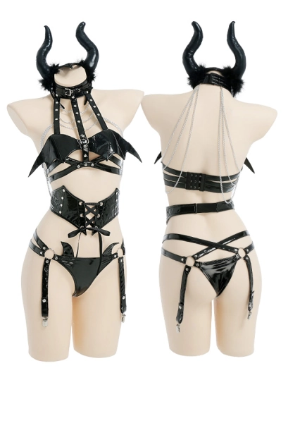 Halloween Devil Style Sexy Lingerie Set Bat Wings Halter Top and Panty Two-piece Lingerie with Headband Stockings