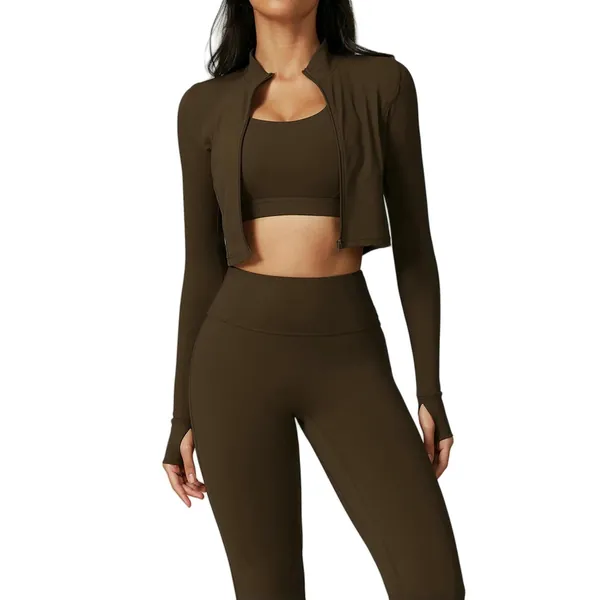 PLGMAUYT shapewear 3pcs Yoga Set Women Workout Sets Sportswear Fitness Zipper Long Sleeve High Waist Leggings Sports Suits-jiaocha Coffee_a-l - L - Jiaocha coffee_a