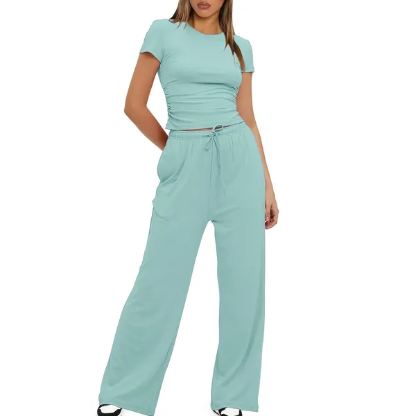 Women's 2 Piece Short Sleeve Tracksuit for Women UK Soft Stretch Loungewear Set Plus Size Wide Leg Trousers High Waist Yoga - L - Mint Green