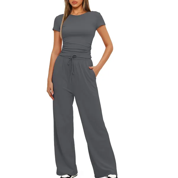 Women's 2 Piece Short Sleeve Tracksuit for Women UK Soft Stretch Loungewear Set Plus Size Wide Leg Trousers High Waist Yoga - L - Navy