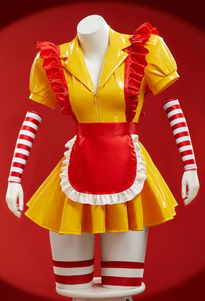 Sexy Lingerie Maid Uniform Set Waitress Yellow Dress with Red Apron and Hat