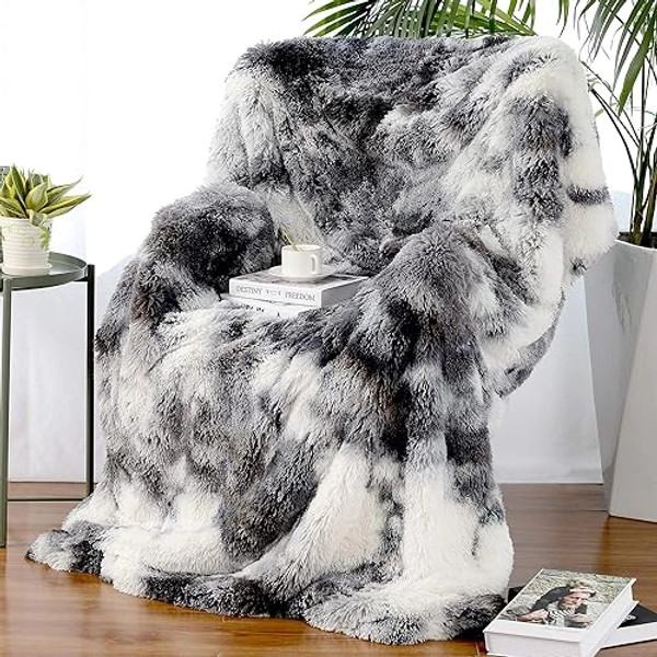 Hugs Living Frosty Faux Fur Throw Blanket with Super Soft Shaggy Long Fur (Marble, 50" x 70")