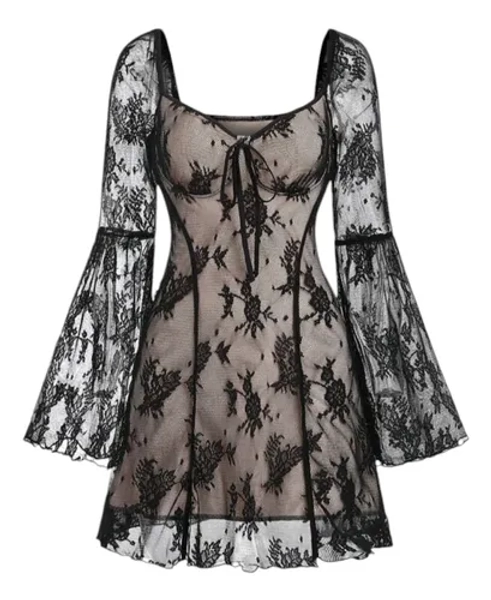 Vestido Negro Encaje Importado Gótico Coquette Fiesta Noche