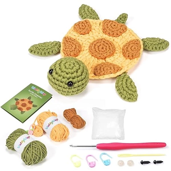 WaldyWop Turtle Coaster Crochet Kit for Beginners, Beginner Crochet Kit for Adults & Kids w/Step-by-Step Video Tutorials and Wobbles Easy to Crochet Yarns, Hooks, Accessories, DIY Gifts for Girls