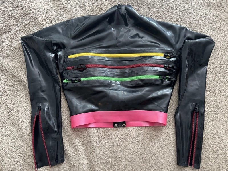 Simon O Latex Long Sleeve Multicolor Zipper Insert Crop Top XS Black 