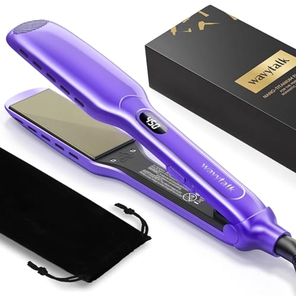 Hair Straightener, Wavytalk Flat Iron 1.75" Titanium Floating Plates Professional Straightener for Long & Thick Hair with Digital LCD Display Dual Voltage Hair Straightener Instant Heating, Purple