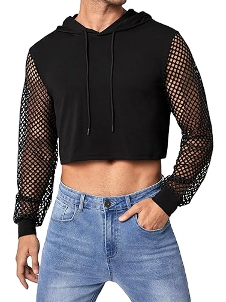 WDIRARA Men's Fishnet Mesh Long Sleeve Drawstring Crop Hoodie Sweatshirt Pullover