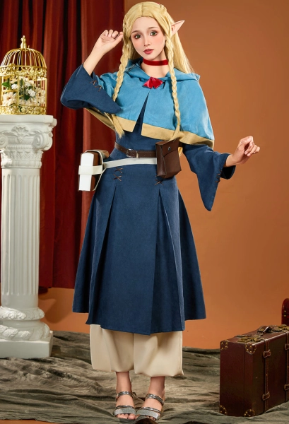 Delicious in Dungeon Marcille Donato Cosplay Costume Blue Dress Shawl with Pants and Bags Premium Ver