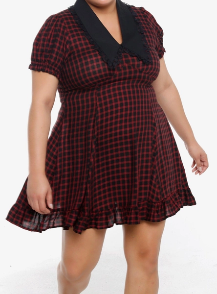 Sweet Society Red & Black Checkered Bib Collar Mini Dress Plus Size