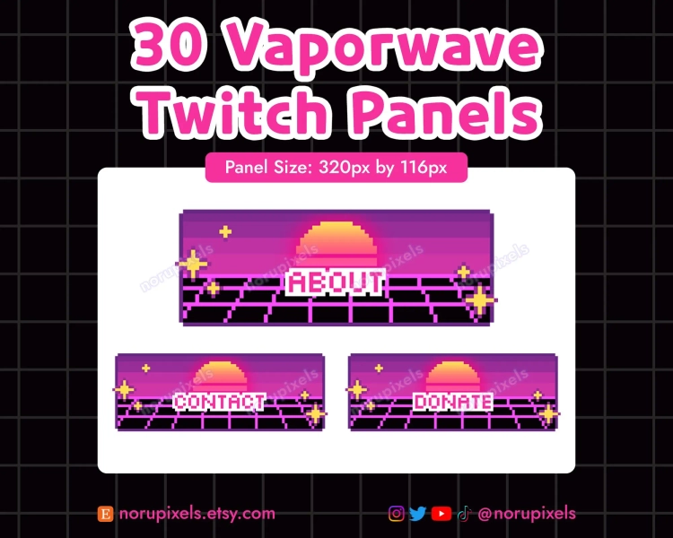 Sunset Vaporwave Twitch Panels | Y2K Retro Vaporwave Stream Panels | Pixel Art for Twitch Streams