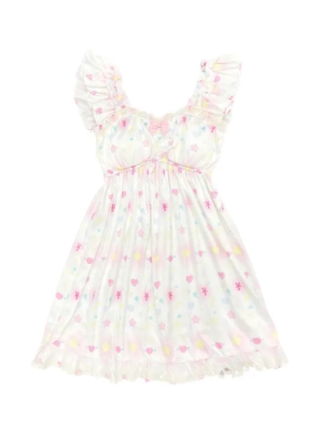 [$34.00]White Sweetheart and Star Print Pajama Dress with Padded Cups