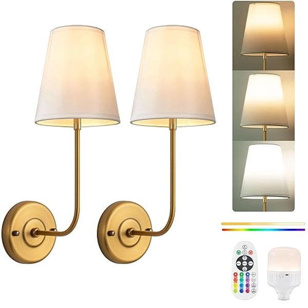 PASSICA DECOR Battery Operated Wall Sconces Set of Two, Rechargeable Wall Lights with 5200mAh Dimmable Detachable Bulbs, 15 Colors and Remote Control, Wireless Sconces for Bedroom, Living Room