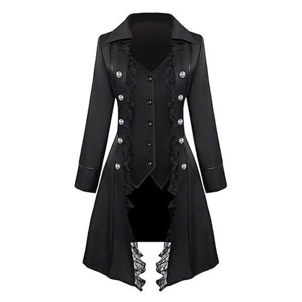 Feynman Manteau steampunk frack gothique avec dentelle, femme baroque victorien à trois boutonnages vintage, veste médiévale uniforme, noir, taille L