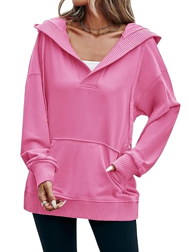 Fisoew Womens Casual Oversized Hoodies V Neck Long Sleeve Loose Pullovers Hooded Sweatshirts Tops Active Hoodie - Medium - Pink