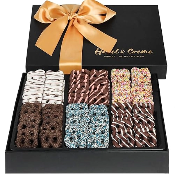 Christmas Chocolate Pretzel Gift Basket - Birthday Pretzel Gift Box - Vegan Dark Chocolate Gift Box - Chocolate Covered Pretzels - Gourmet Food Arrangement