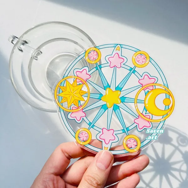 Sakura, Acrylic Coasters, cute coasters, drinkware, cute anime style, magic circuit, stars and moon coaster