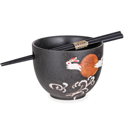 Hinomaru Collection Japanese Style Ramen Udon Noodle Bowl with Chopsticks Gift Set 5 Inch Diameter (Moon Rabbit) - Moon Rabbit
