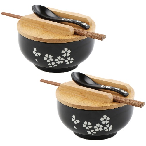 Japanese Vintage Noodle Bowl with Lid and Spoon Black Ceramic Ramen Bowl Hand Drawn Rice Bowl Retro Tableware Noodle Bowl 6.5 inch (2x Black) - 2x Black