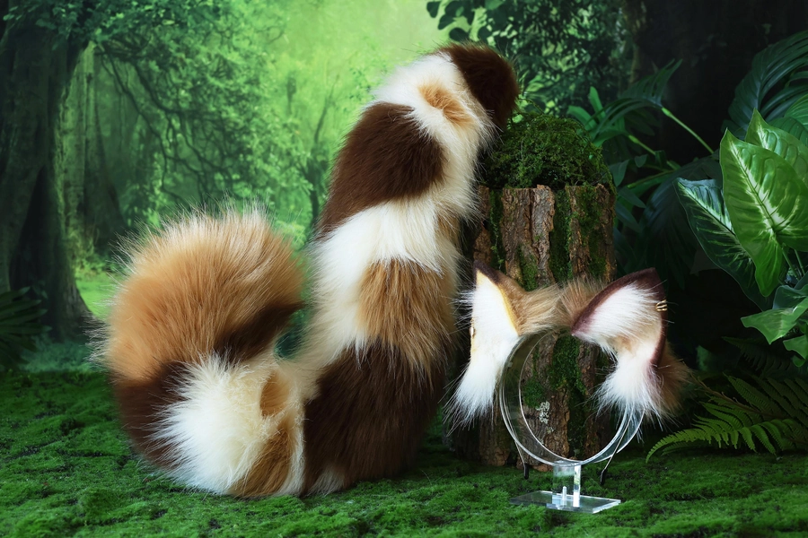 Realistic calico faux fur cat tail 