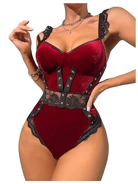 SHENHE Women's Velvet Sleeveless Backless Lace Ruffle Trim Teddy Lingerie Bodysuit