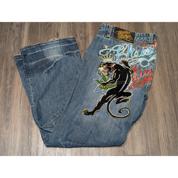 Christian Audigier Jeans Embroidered Panther Graphic Denim Pants Y2K Size 38x34