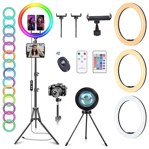 13" RGB Ring Light with Stand and 2 Phone Holders Tall 76", Sunset Lamp & 51 Colors Modes Selfie Ringlight with Desk Tripod, Circle Light Kits for TikTok/Live Stream/Makeup/YouTube White Elephant Gift