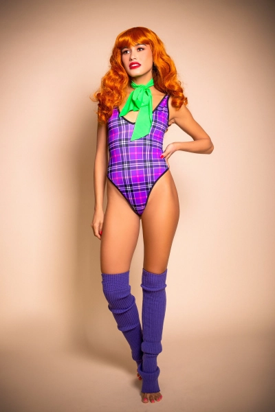 Sugarpuss PURPLE PLAID HIGHCUT V-Neck Bodysuit, Deep V Onepiece, Cosplay Costume