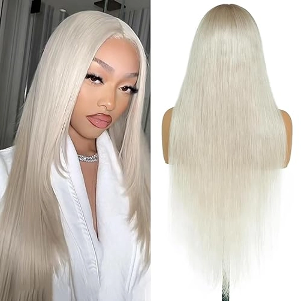 FINMOO Platinum Blonde Lace Front Wigs Human Hair Pre Plucked #60 Straight Human Hair Wig 13x4 HD Transparent Lace Frontal Wig Glueless Silver Lace Front Wigs for Women 26 Inch 180 Density