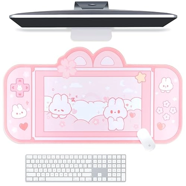 BelugaDesign Bunny Desk Pad | NS Switch Keyboard Gaming Mat Large Mat Mousepad | Pastel Pink Easter Animal Kawaii Cute Anime Desk Blotter Protector (Pink Rabbit, Large)