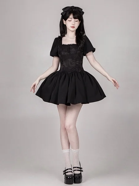 [$45.00]Black Boned Waist Square Neckline Elegant Lolita Dress Short Version