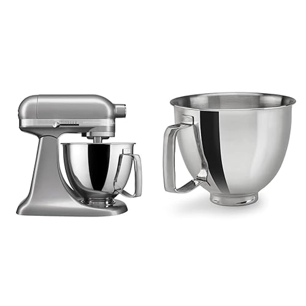 KitchenAid Artisan Mini 3.5 Quart Tilt-Head Stand Mixer - KSM3316X - Contour Silver and 3.5 Quart Polished Stainless Steel Bowl with Handle