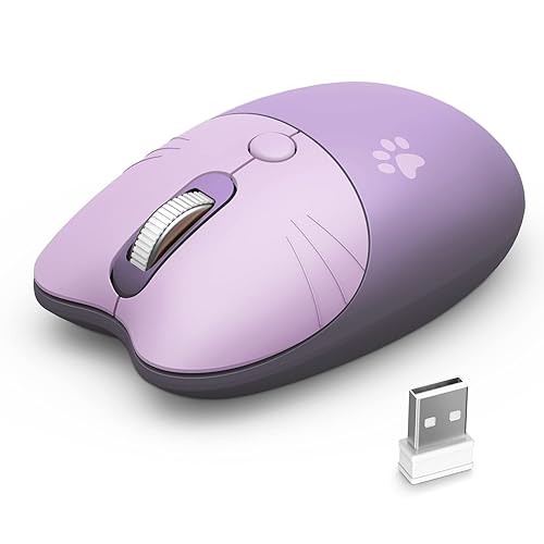 Cute Cat Wireless Mouse, 2.4GHz Wireless Silent Mouse, USB Receiver Plug and Play, 3 Adjustable DPI, Compatible with Notebook, PC, Laptop, Computer- Purple Colorful - Purple Cat