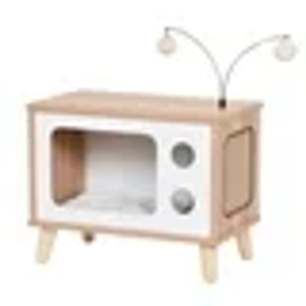 Vibrant Life Modern Laminated Wood Cat Condo with Sisal Scratching Pad, Beige, 16 Inch Vintage T.V. Style Wooden Condo with Toys & Scratcher