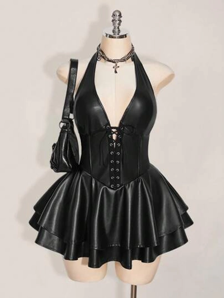 SHEIN ICON Plus Size Women's Y2k Fashionable Gyaru Concert Women Outfit Club Party Festival Rave Outfit Y2k Going Out Cross Strap PU Leather Open Back Mini Halter Black Dress Gothic Dress Gothic Clothing Gothic Women Clothes Faux Leather Dress Lace Up Corset Dress,Homecoming Dress